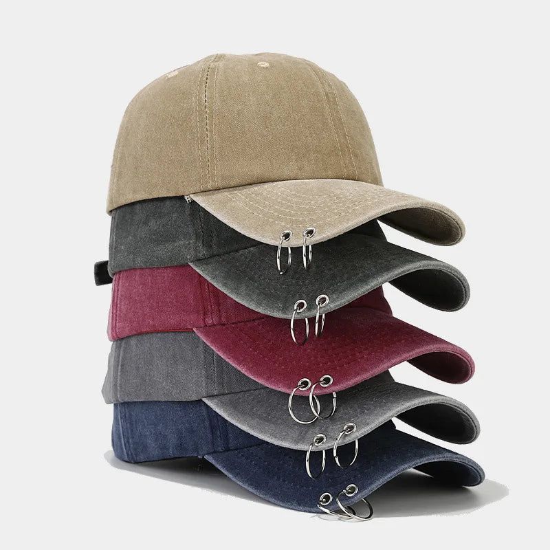 Men's Women's Retro Street Dance Baseball Hats Fashionable Sporty Washed Cotton Personality Metal Rings Sun Shade for Outdoor