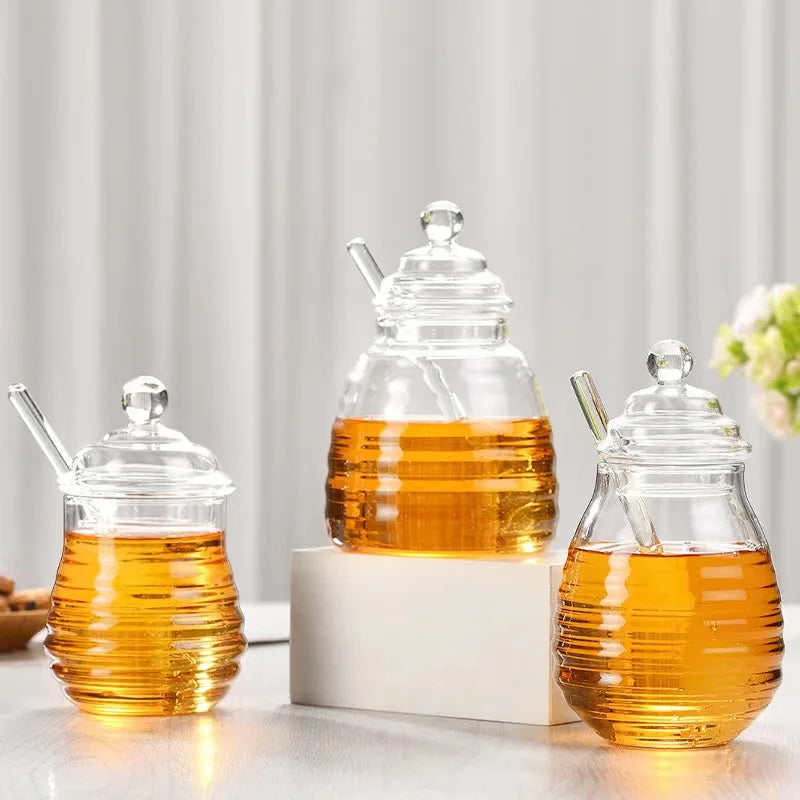 Glass Heat Resistant 10 oz Beehive Honey Pot Honey Jar with Dipper and Lid for Store Honey and Syrup