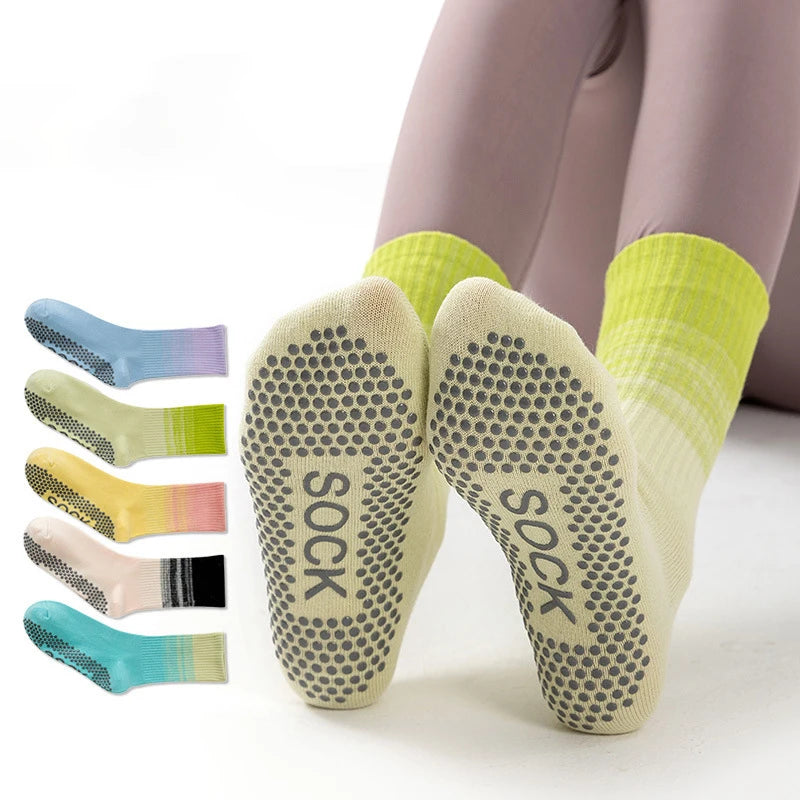 High Profile Gradient Mid Calf Yoga Socks Wholesale Crew Ballet Stocking Grip Anti Slip Pilates Socks