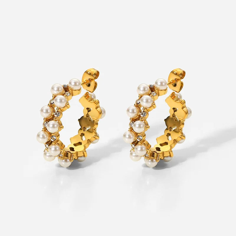 Statement 18K Gold Plated Zircon Pearl Bead Earrings Women Classic Stainless Steel Wind Double Pearl Zircon Wedding Party Gift