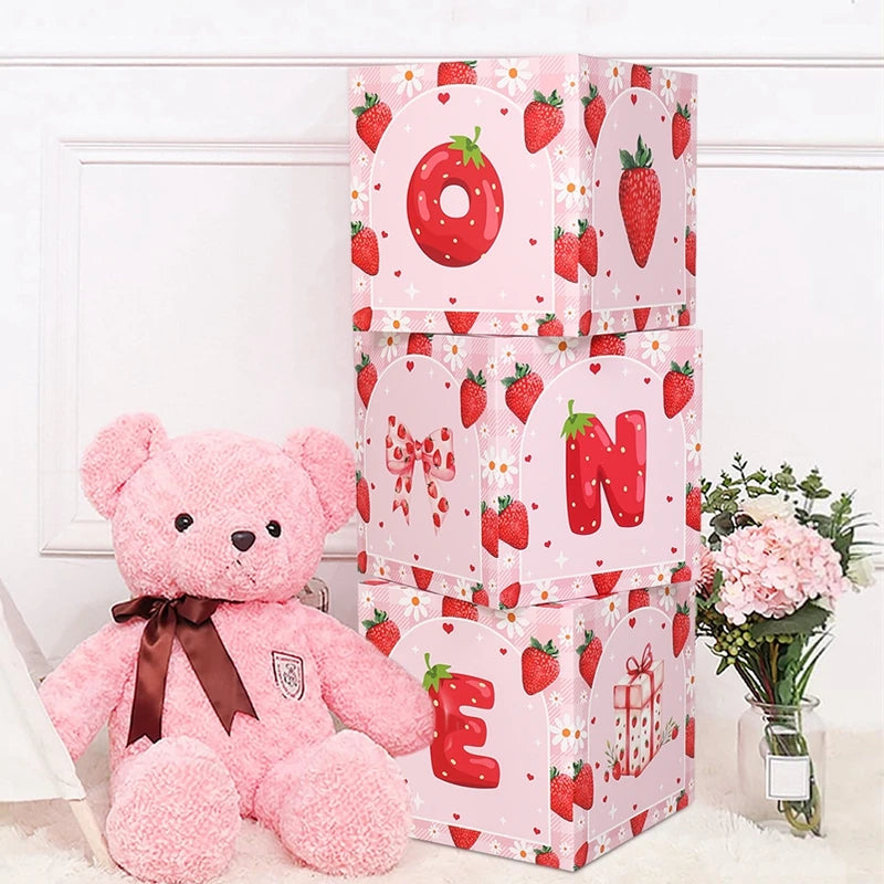 Onederful 27 cm Square Paper Box Strawberry Themed Birthday Balloon Box 1st Birthday Party Supplies Girl/Miss Printed