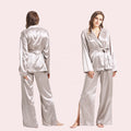 Silver Grey Silk Sleep Wear for Lady 2 Pieces Nightwear Home Clothes Long Sleeves Silk Pajama Night Suit for Women