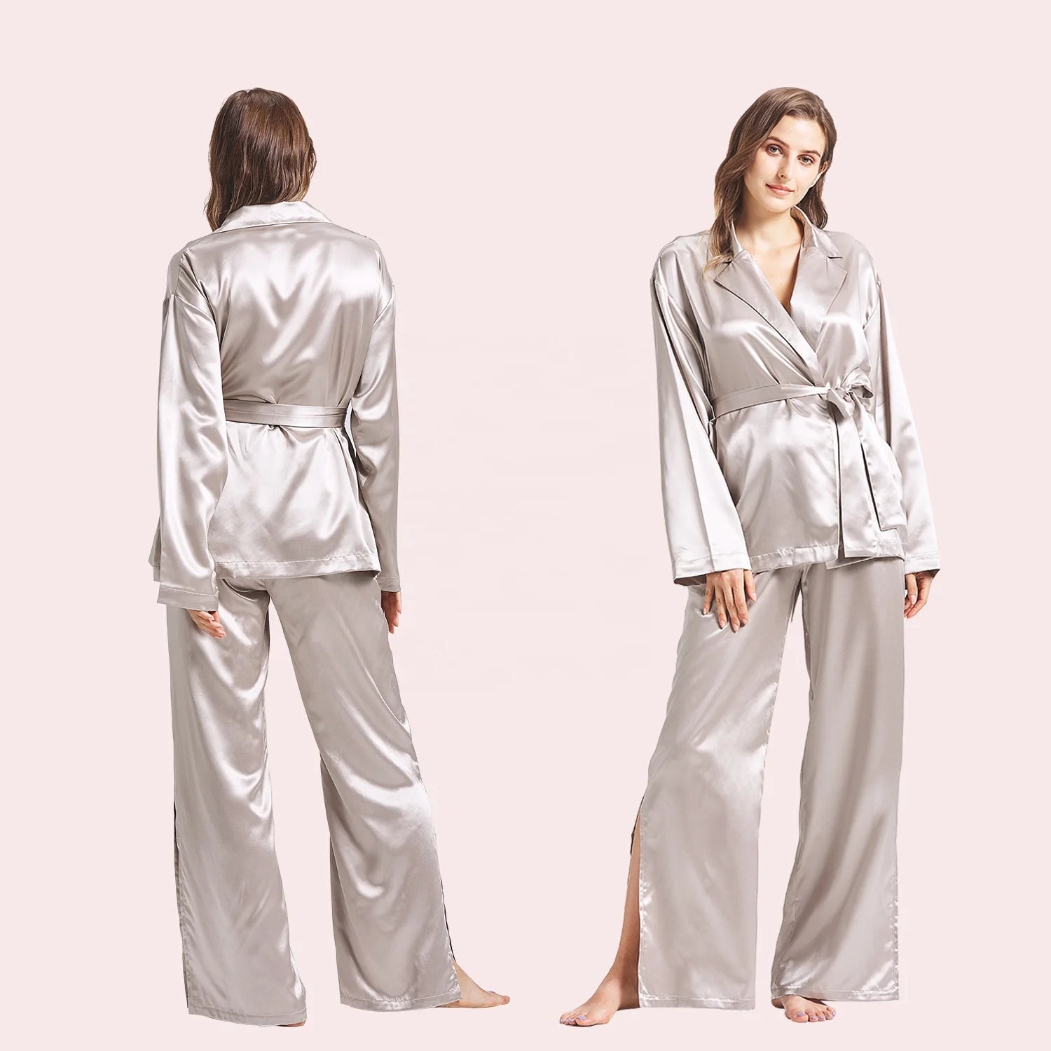 Silver Grey Silk Sleep Wear for Lady 2 Pieces Nightwear Home Clothes Long Sleeves Silk Pajama Night Suit for Women