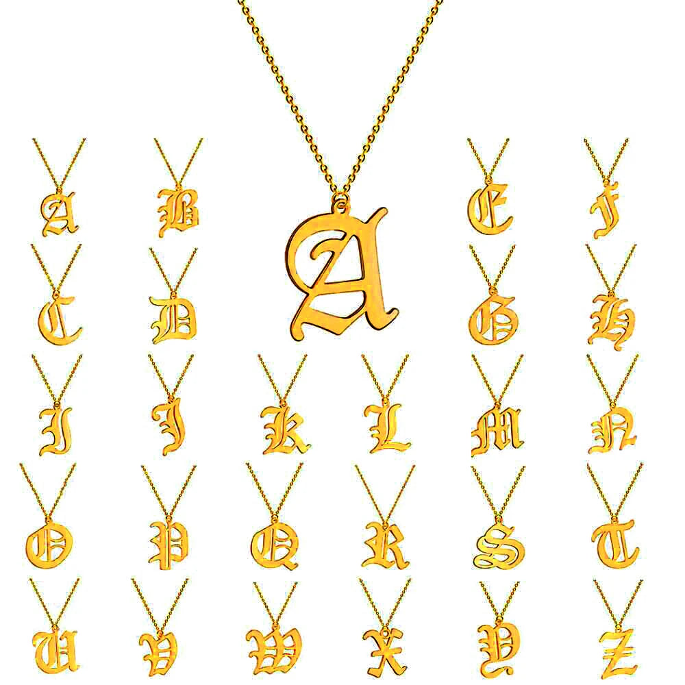 Old English Font Initial Necklace A-Z Personalised Gothic Letter Pendant 26 Alphabet Pendant Initial Letter Necklace Women
