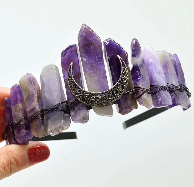 Natural Amethyst Citrine Electroplate Crown Moon Hairbands for Women Crystal Hair Hoop for Decoration