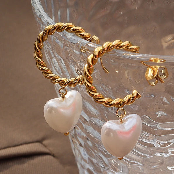 SSeeSY Hoop Custom Fashion Jewelry Hot Selling Twist Heart Imitation Pearl Stainless Steel Earrings Valentines Day Gift for Girl