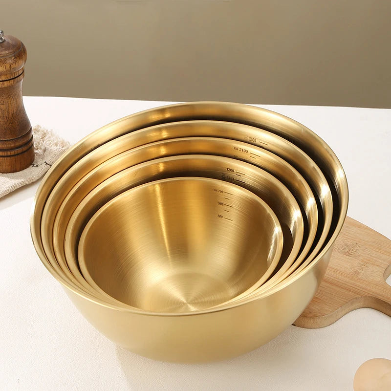 Multifunctional Round Salad Mixing Bowl with Scale Gold Food Basin Snack Bowl Cold Noodles Soup Bowl With Measurement for Baking