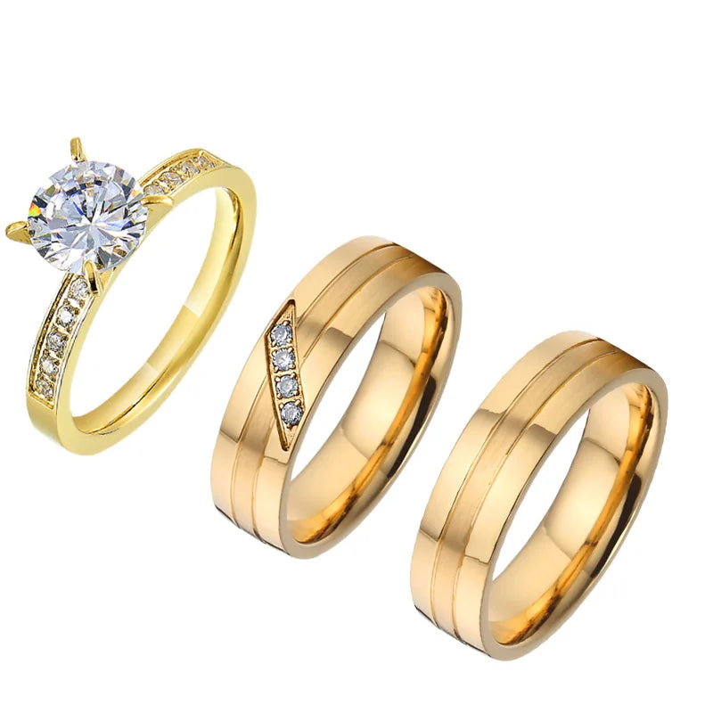 18k Gold Plated Jewelry Man Rings 3pcs Cz Diamond Women Couple Wedding Engagement Ring Set Bague De Fiancailles Anillos De Bodas