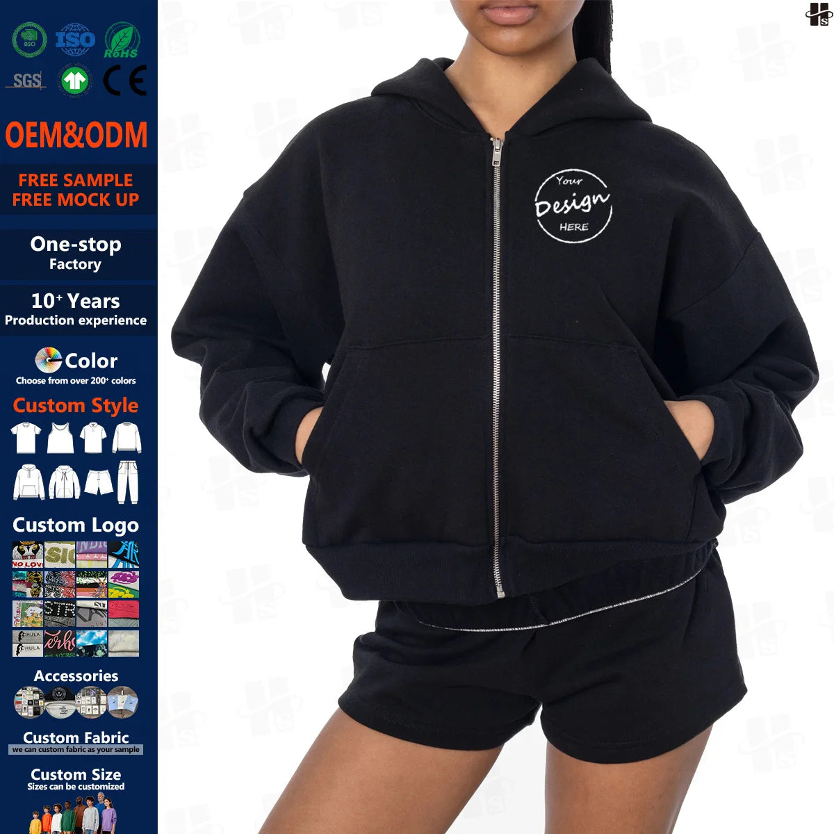 Bulk Wholesale Cotton Polyester Blend Crop Top Ladies Jackets OEM Screen Print Blank Black Cropped Zip up Hoodie Women