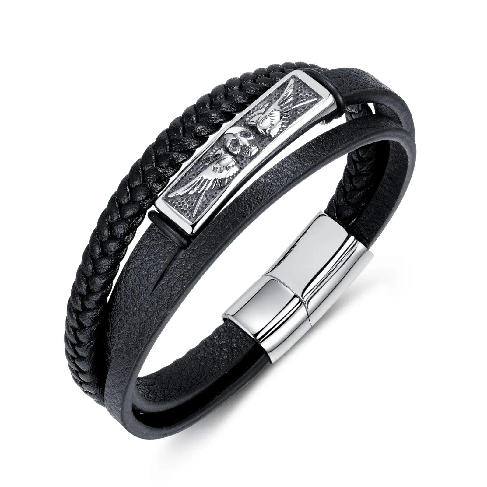 Hip Hop Punk Stainless Steel Charm Bracelet for Men Handmade Braided Multi Layers Rope Custom Logo Gift