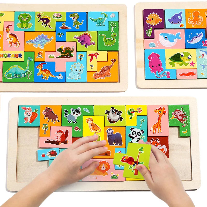 Wooden Theme Block Puzzle 3D Animal Jigsaw Tangram Puzzles Educational DIY Toy for 5 to 7 Years Old