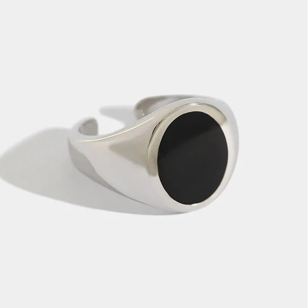 Simple Korean Design Black Enamel Oval Jewelry S925 Sterling Silver Wide Open Adjustable Ring for Women