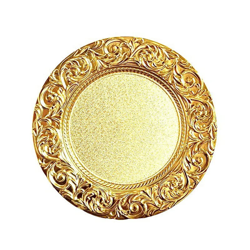 High Repurchase Rate 13 Inches Wholesale Retro Plastic Silver Gold White Black Charger Plates for Event Wedding Dinner Plates