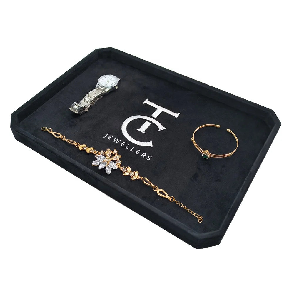 Octagon Presentation Embroidery LOGO Counter Display Watch Black Plush Velvet Custom Jewellery Tray