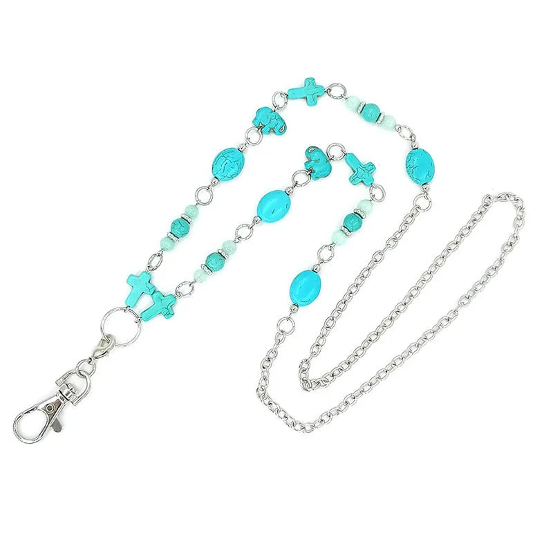 Vintage Turquoise Beaded Link Chain Teacher Lanyard Necklace Keychain ID Badge Wedding Gift