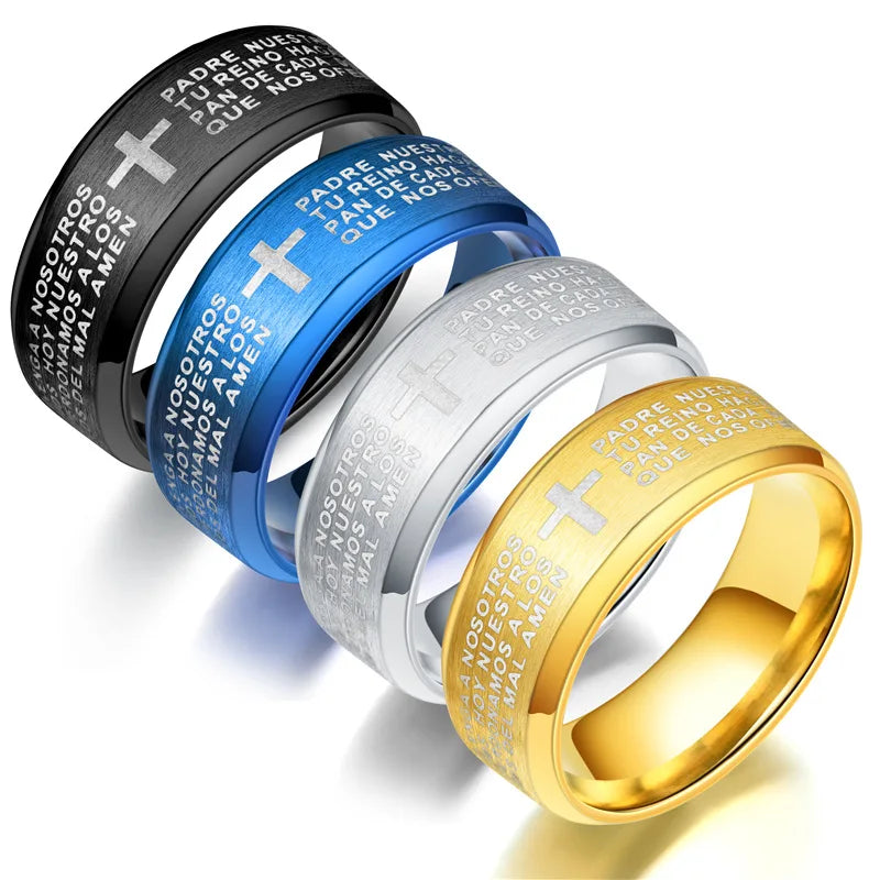 Wholesale Spanish Lord's Prayer Bible Christian Scripture Titanium Laser Letter Ring for Man