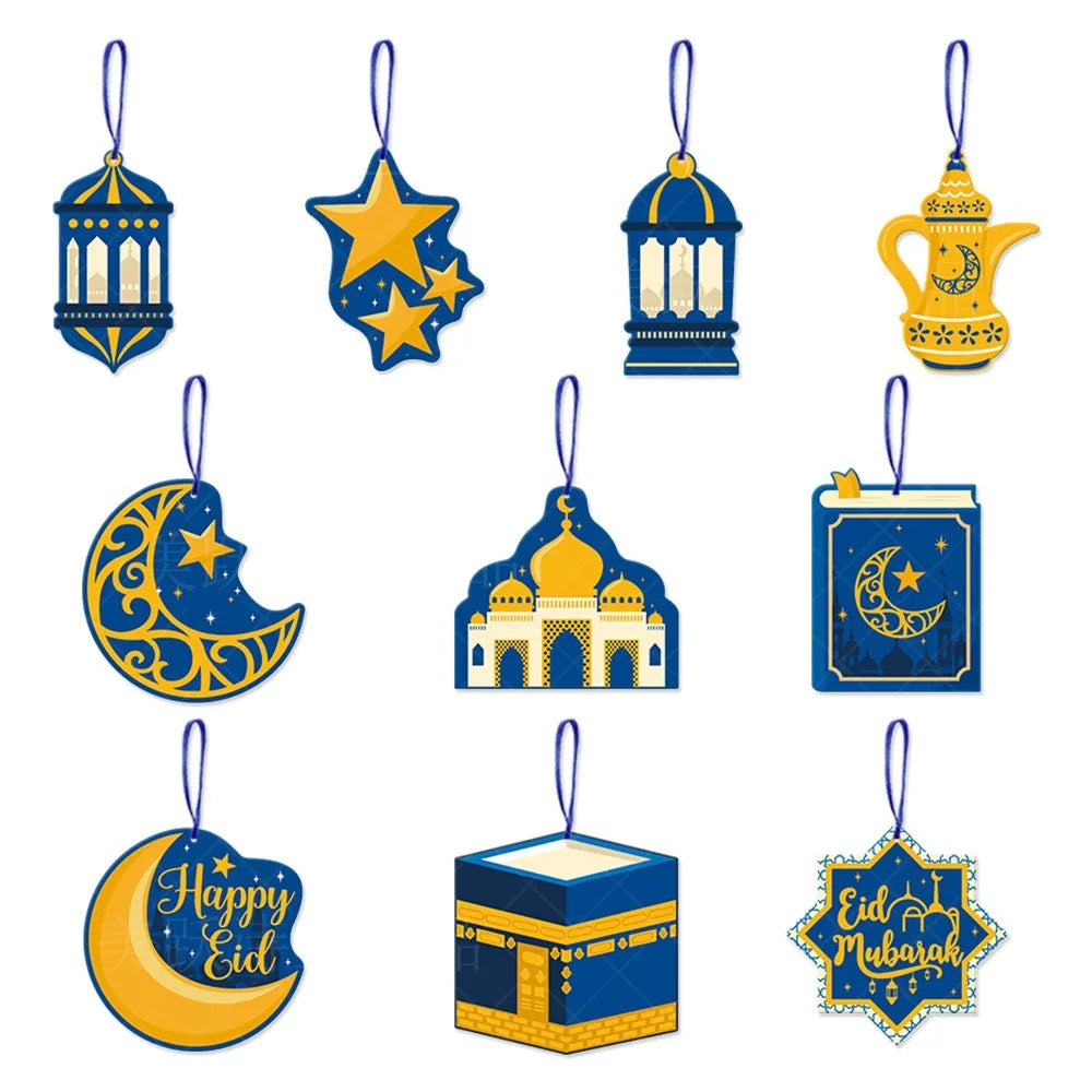 Eid Mubarak Wooden Ornaments Moon Star Hanging Ramadan Lantern Wood Decoration Wood Wishes Craft for Tree Rmandan Eid Al-Fitr