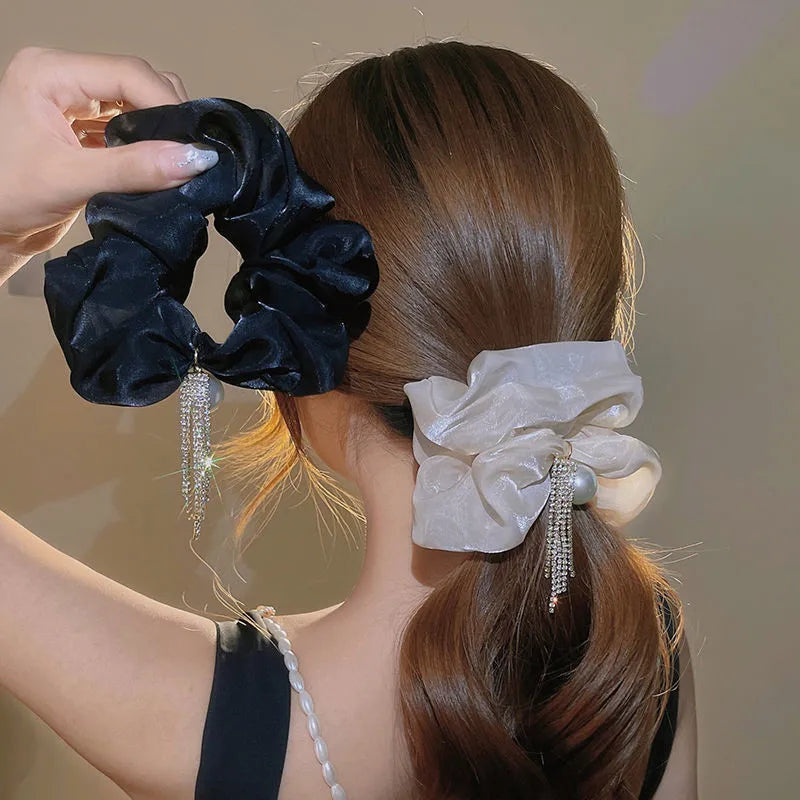 Pearl Tassel Rubber Band Hair Tie for Women French Chiffon Pearl Hair Rope Elegant Rhinestone Shiny Hair Scrunchies