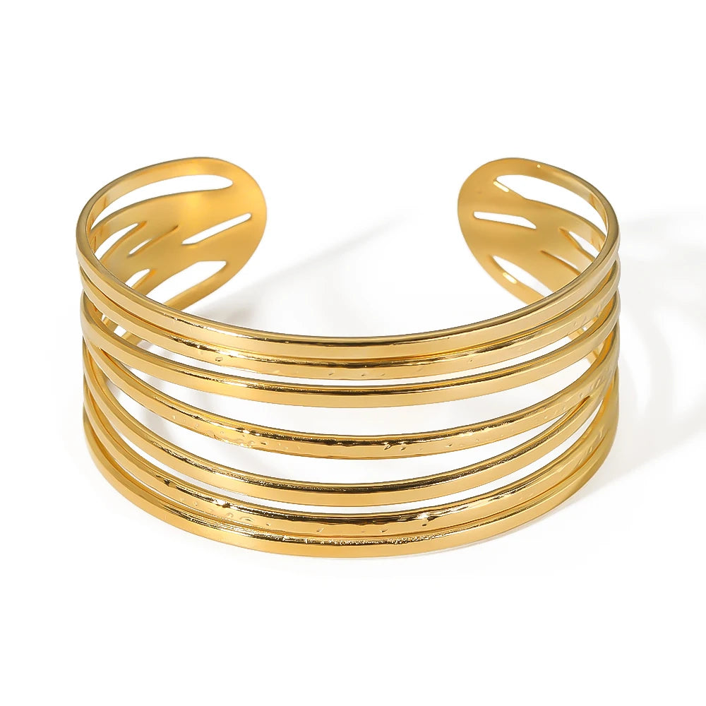 New Trendy Stainless Steel 18K Gold Plated Wide Chunky Multiple Layers Adjustable Open Cuff Bangles