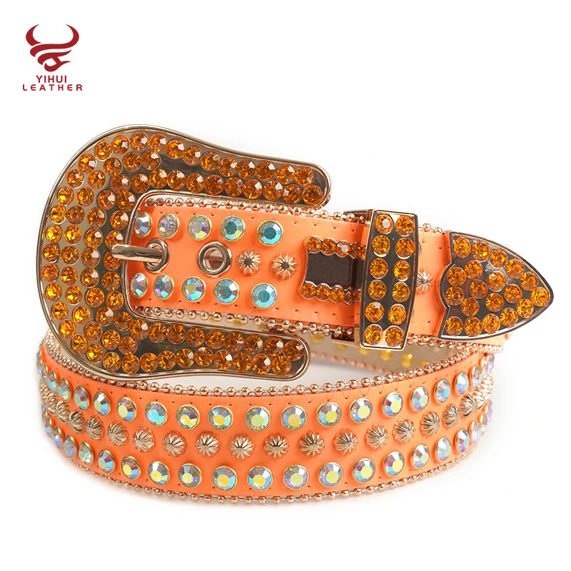 Newest Designer PU Leather Bling Bling Big Buckle Rhinestone Belts Designer Shining Crystal Orange Color Diamond Belt for Boys