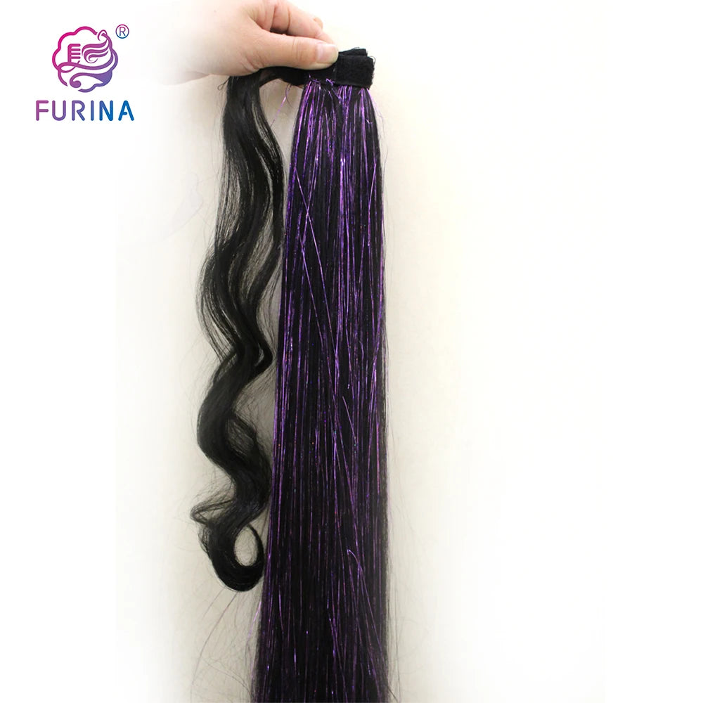 New Arrival Heat Resistant 26'' 150g Purple Tinsel Wrap Around Ponytail Clips Synthetic Hair Extensions