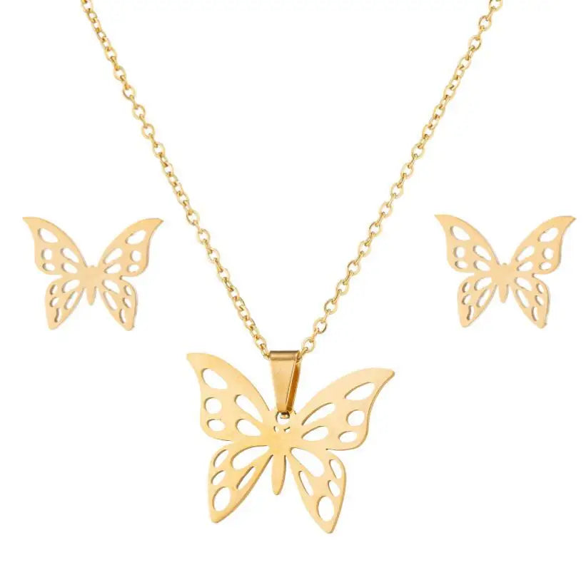 Women's Stainless Steel Creative Insect Hollow Out Butterfly Pendant Clavicle Chain Necklace Earrings Set for Wedding Jewelry
