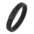 Wholesale Men Jewelry Premium Woven Wristband Simple Black Cowhide Single Layer Real Leather Bracelet Buckle With Magnetic Clasp