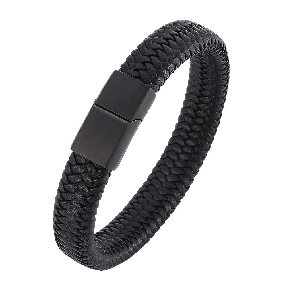 Wholesale Men Jewelry Premium Woven Wristband Simple Black Cowhide Single Layer Real Leather Bracelet Buckle With Magnetic Clasp