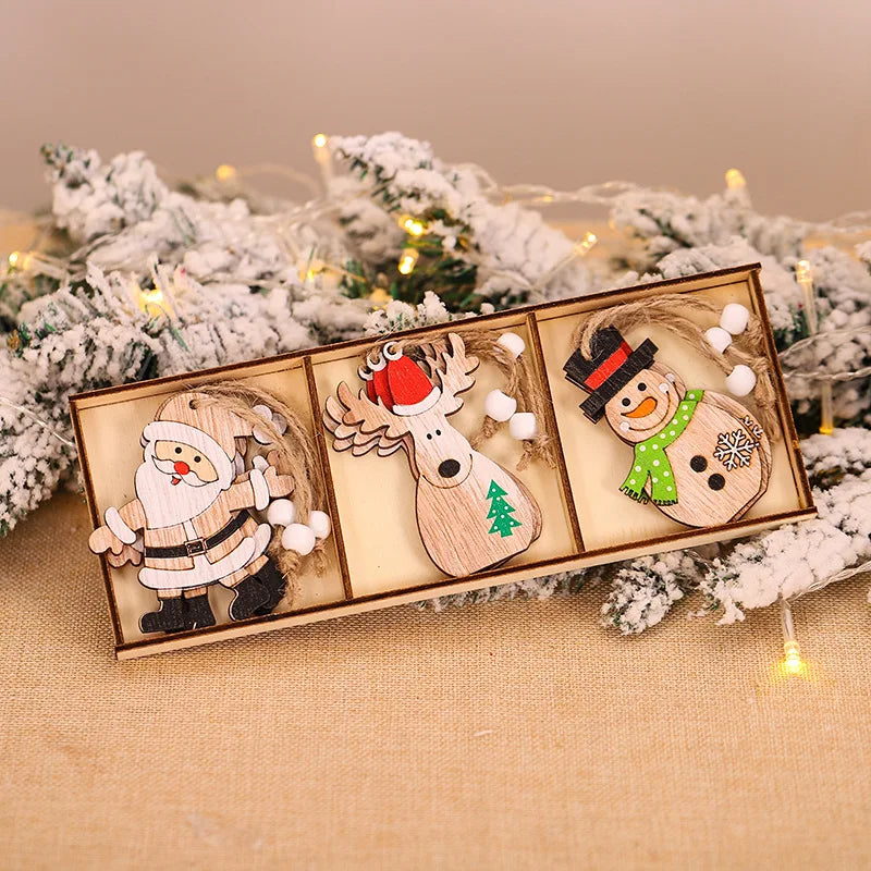 9pcs/box Christmas Decoration Wooden Pendant Santa Claus Snowman Elk Christmas Accessories Composite Wooden Pendant