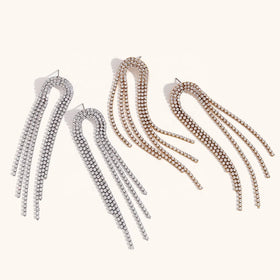 Dingran Women's 18K PVD Gold Stainless Steel Long Drop Tassel Earrings Shining Full Zircon Party Jewelry