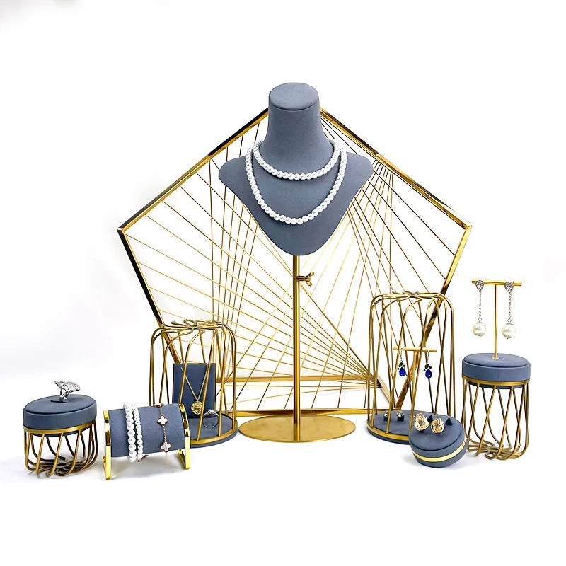 Elegant Metal Gray Bird Cage Design Fine Jewelry Set Display Stand Pendant Earrings Pendant Jewelry Display Props