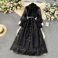 LE2360 Wholesale Vintage Socialite Party Holiday Lace Long Dress Woman Elegant Chic Embroidery Ruffled Collar Maxi Dresses