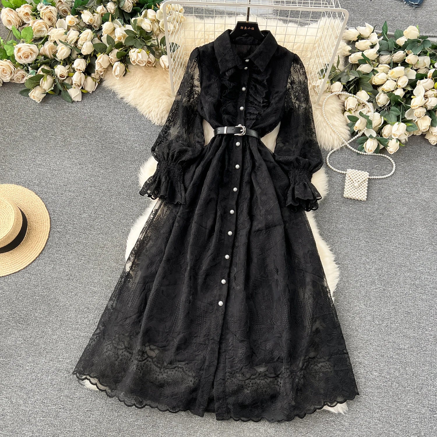 LE2360 Wholesale Vintage Socialite Party Holiday Lace Long Dress Woman Elegant Chic Embroidery Ruffled Collar Maxi Dresses