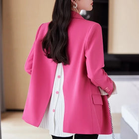 S-2XL Contrasting Color Lazy Style Sweet Cool Women's Jacket Back Slit Design Striped Patchwork Small Suit