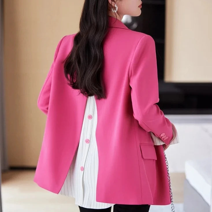 S-2XL Contrasting Color Lazy Style Sweet Cool Women's Jacket Back Slit Design Striped Patchwork Small Suit