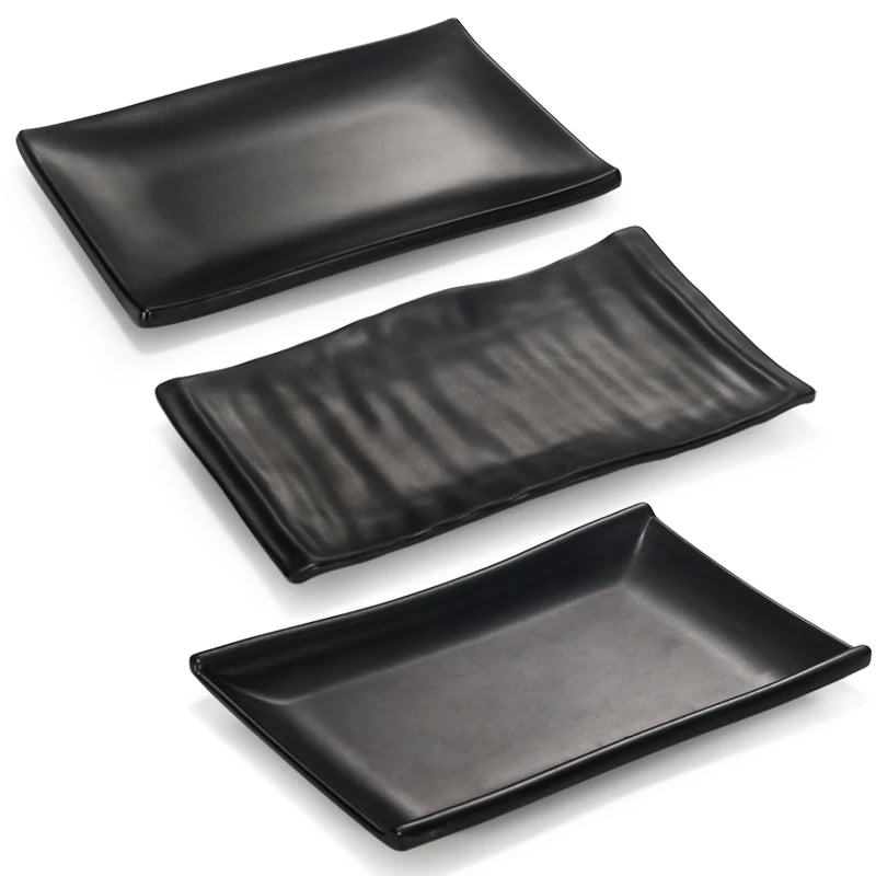 Modern Design Black Rectangle Melamine Sushi Plates Plastic Round Tableware with Custom Logo for Home Restaurant Use Packaged