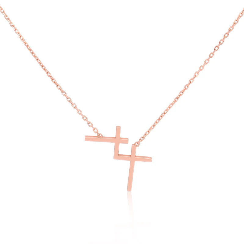 Joacii 925 Sterling Silver Rose Gold Plated Minimalist Ins Layer Wear  Religious Christian Jewelry Eternal Double Cross Necklace