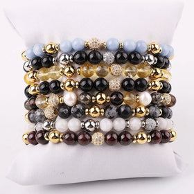 New Fashion CZ Pave Ball 6mm Natural Stone Gemstone Pearl Beads Custom Design Elastic Bracelet JBS12537