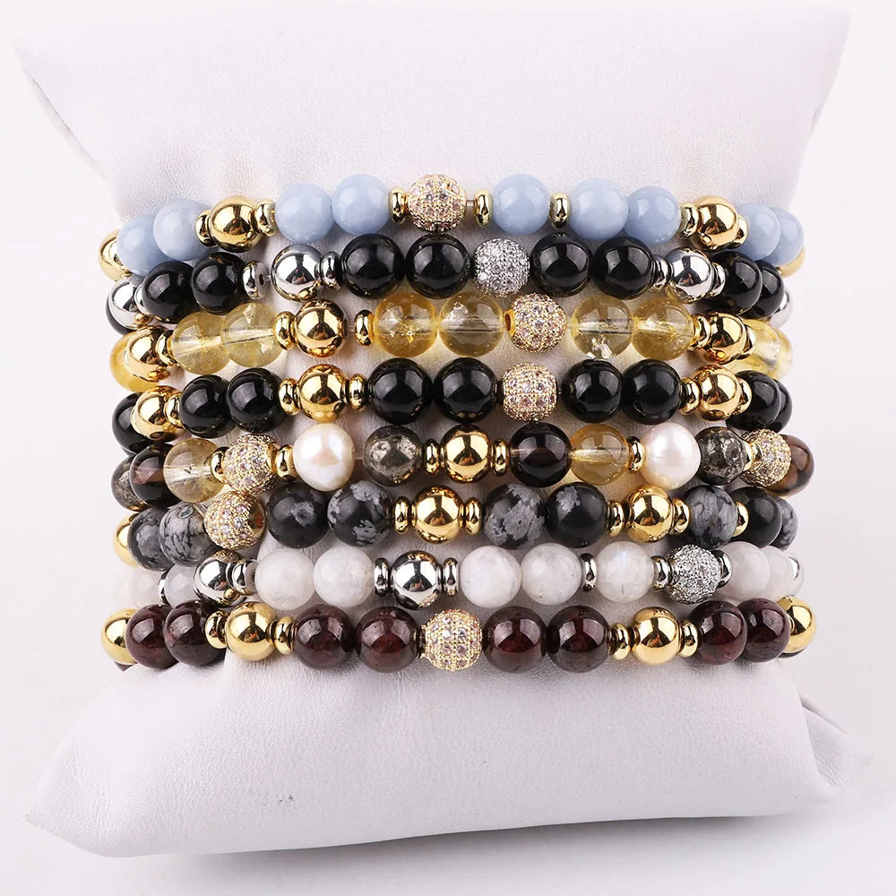 New Fashion CZ Pave Ball 6mm Natural Stone Gemstone Pearl Beads Custom Design Elastic Bracelet JBS12537