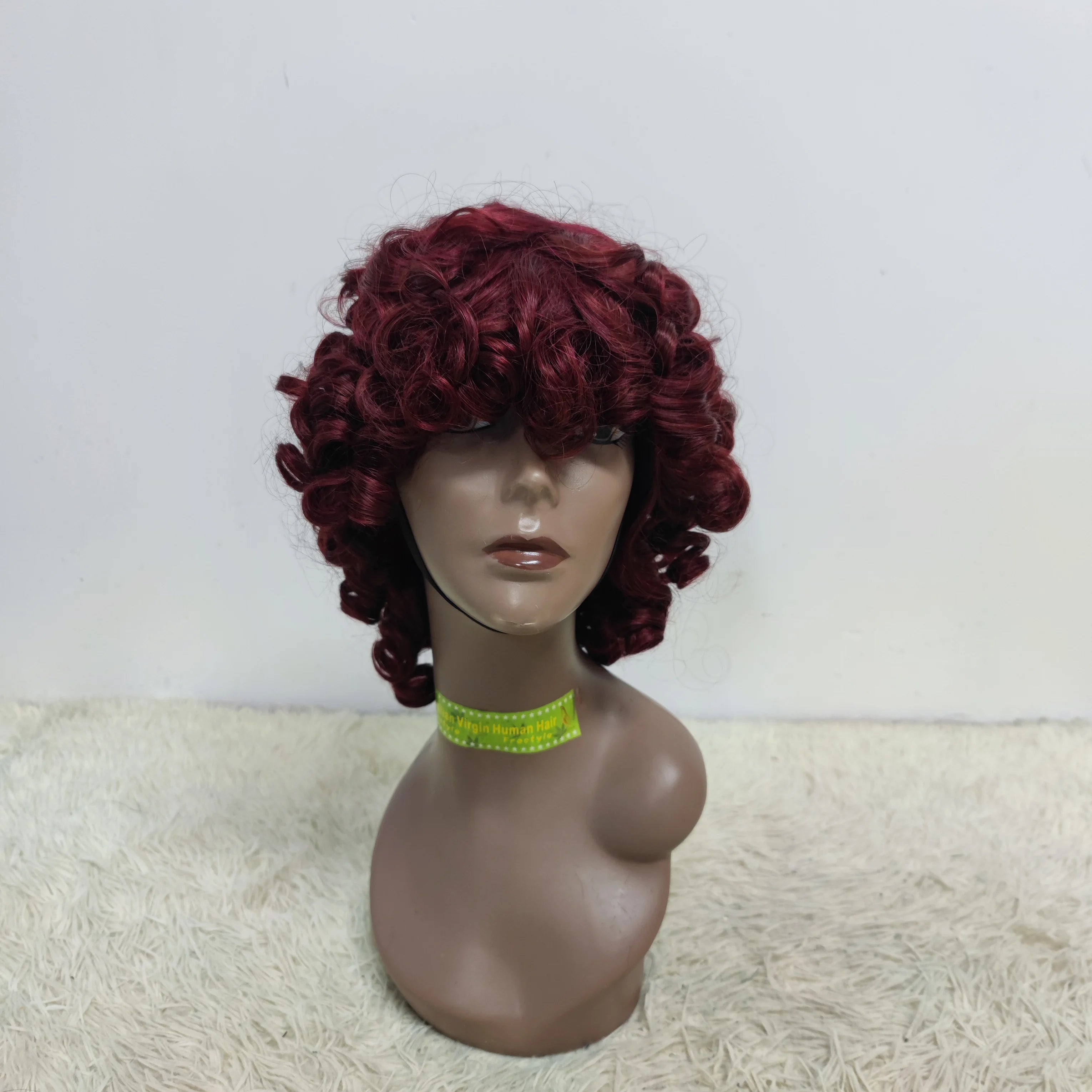 Letsfly Wholesale 99j Burgundy Red Body Wave Curly Human Hair Wigs for Women Short Loose 200% Density No Lace Front Wigs