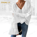Clothing Factory Wholesale Custom Fashion Autumn Women Blouse V-Neck  Ruffle Trim Trumpet Sleeve Ribbed Knit Sweater