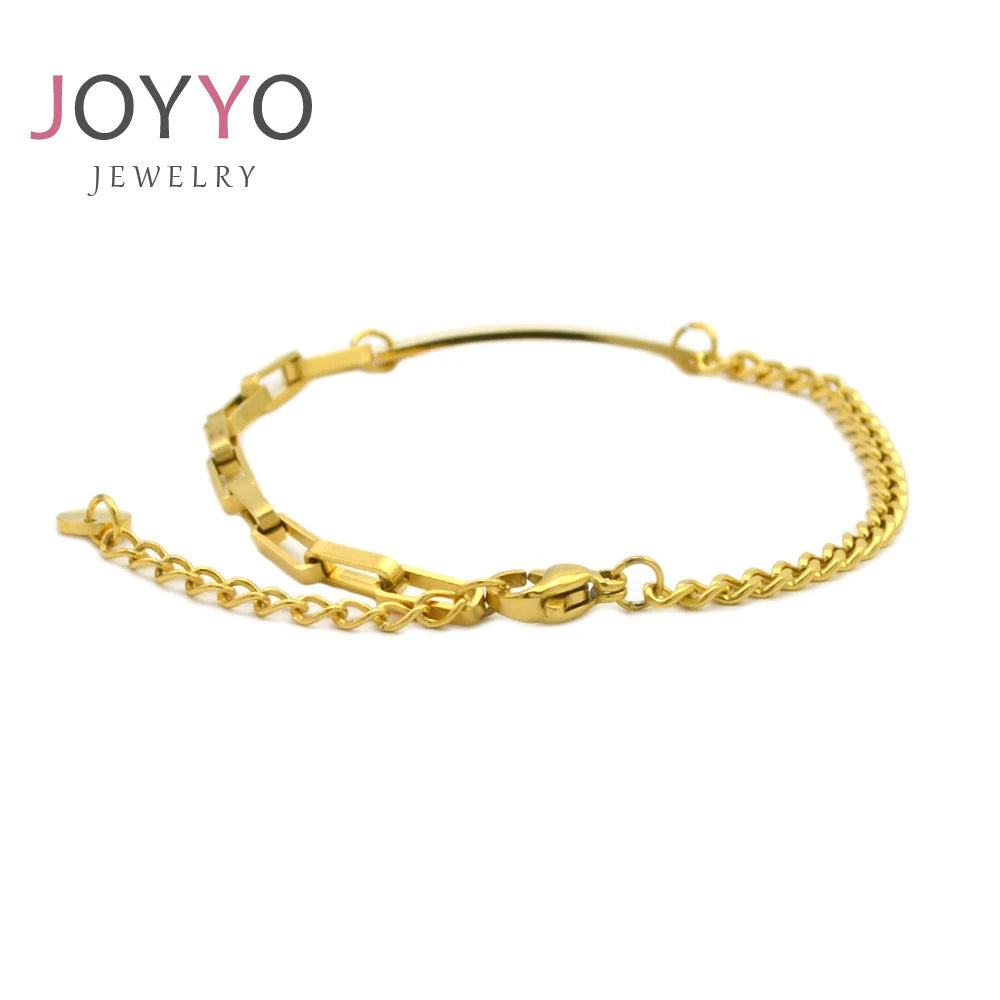 Fashionable Women Stainless Steel PaperClip Chain Gold Curban Link Chain Bracelet Round Charm Engraved jewelry