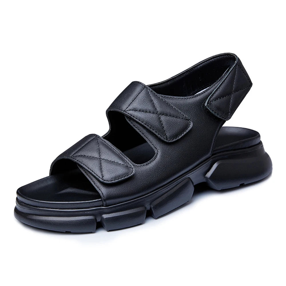 2025 Summer Mens Genuine Leather Sandals Breathable Outdoor Beach Shoes Casual Slip-Resistant for Velcro Customizable Waterproof