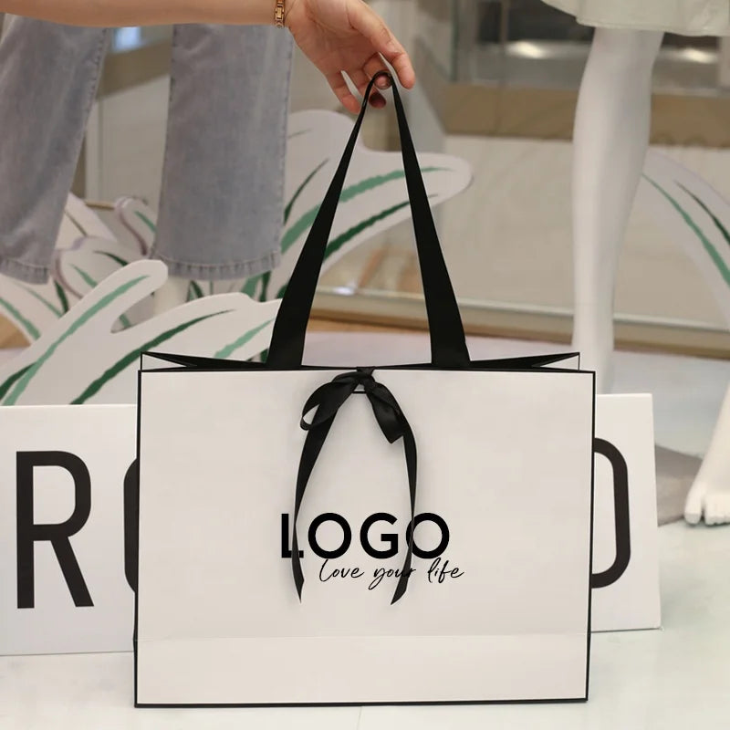 Wholesale Luxury Custom Printed Kraft Handle Bag Recyclable Retail Packaging Ribbon Clothing Fur Gifts Featuring Art Brand Logo