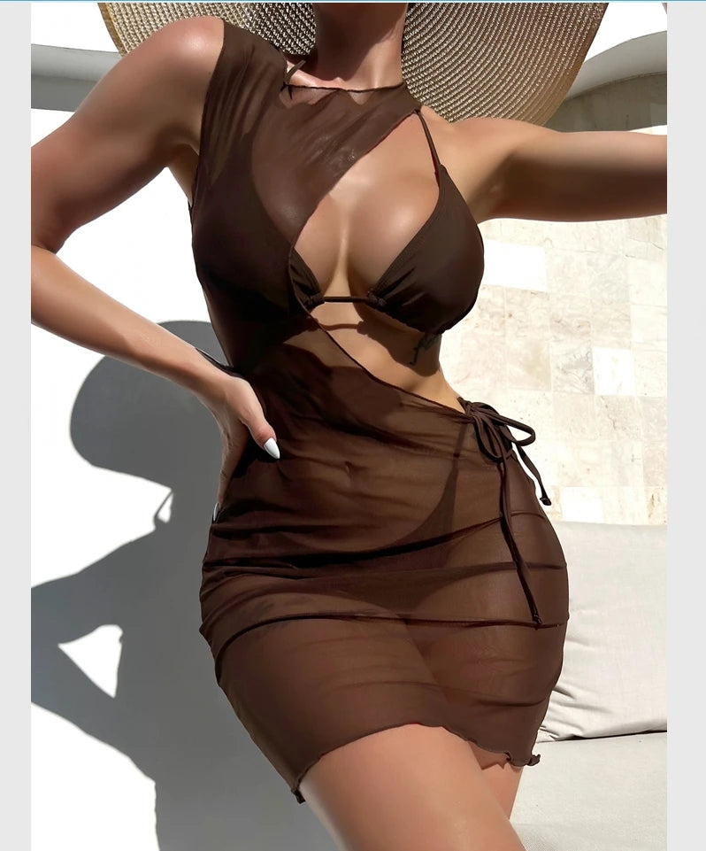 Fashion Transparent 3 Piece Swimsuit Set Women Bathing Suits Cover up