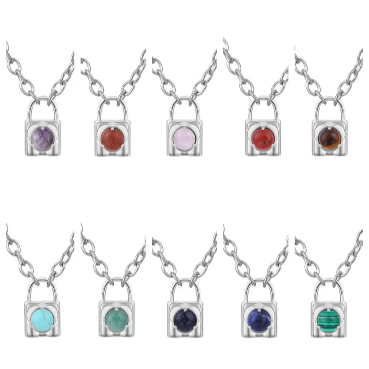 Fashionable Alloy Love Heart Lock with Natural Crystal Gemstone Charm Pendant Necklace Alloy Oval Chain Necklace