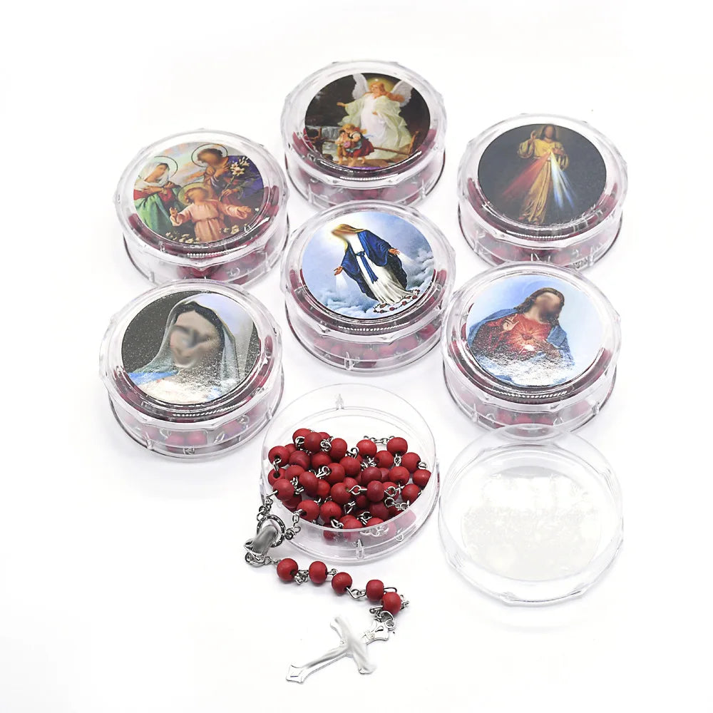Catholic Rosary Cross Jesus Scented Red Wood Bead Necklace Gift Box Cross Necklace Box Set 4 Colors to Choose