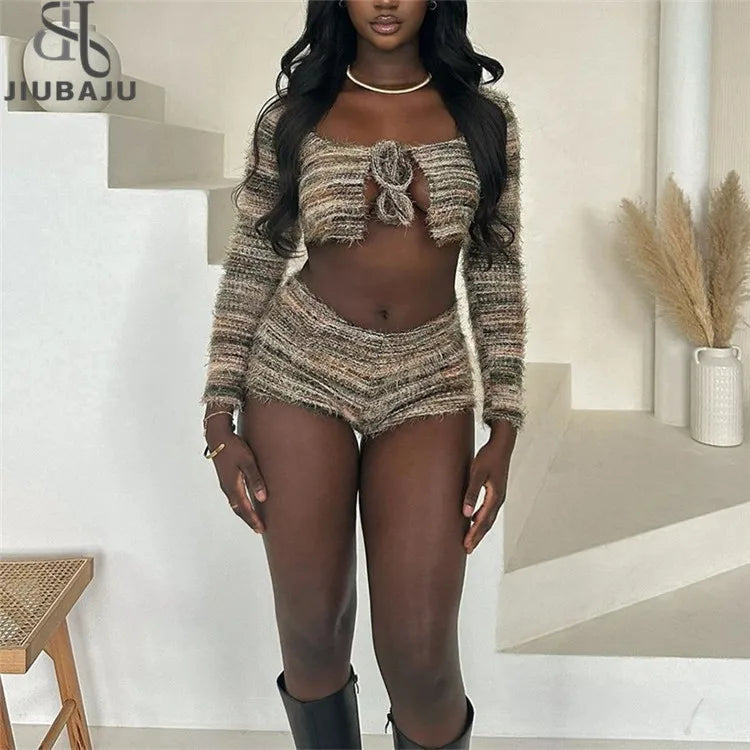 Colorful Striped Knitted 2 Piece Sets Women Sexy Long Sleeve Tie-Up Sweater and Tight Shorts Matching Outfits