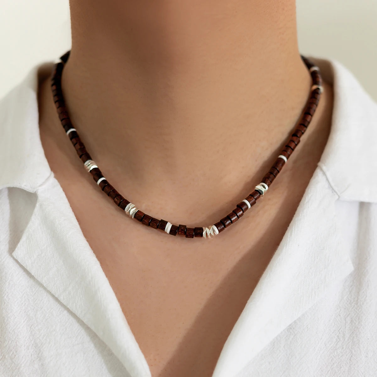 Vintage Adjustable Wood Beaded Polymer Clay Choker Necklaces for Men Trendy Male Daily Wearing Accessories Fashion Jewelry Gifts