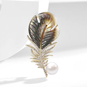 Jachon Natural Freshwater Pearl Imitation Feather Brooch Copper Inlaid Zircon Corsage Women's High-end Pin Clothing Chest